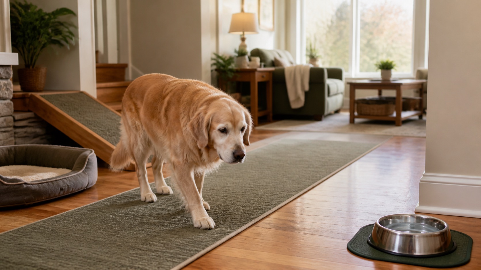 A senior golden retriever walking along a nonslip runner between its bed and water bowl in a warm home.