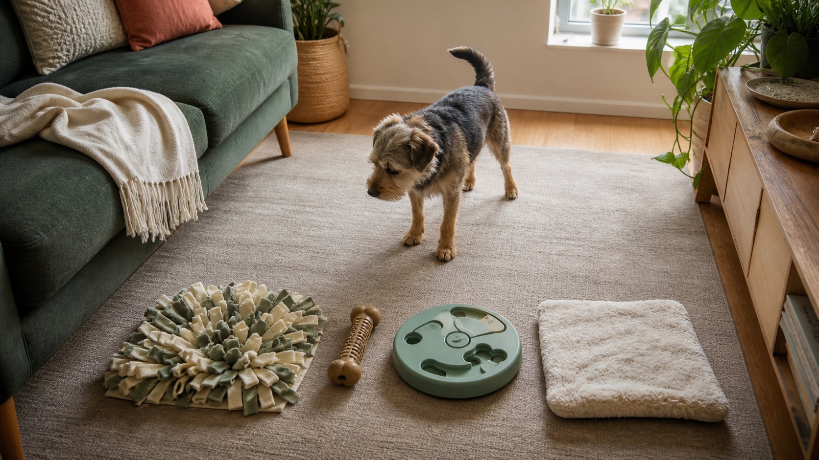 An overhead apartment scene organized into sniff, chew, solve, and rest enrichment areas for a dog.