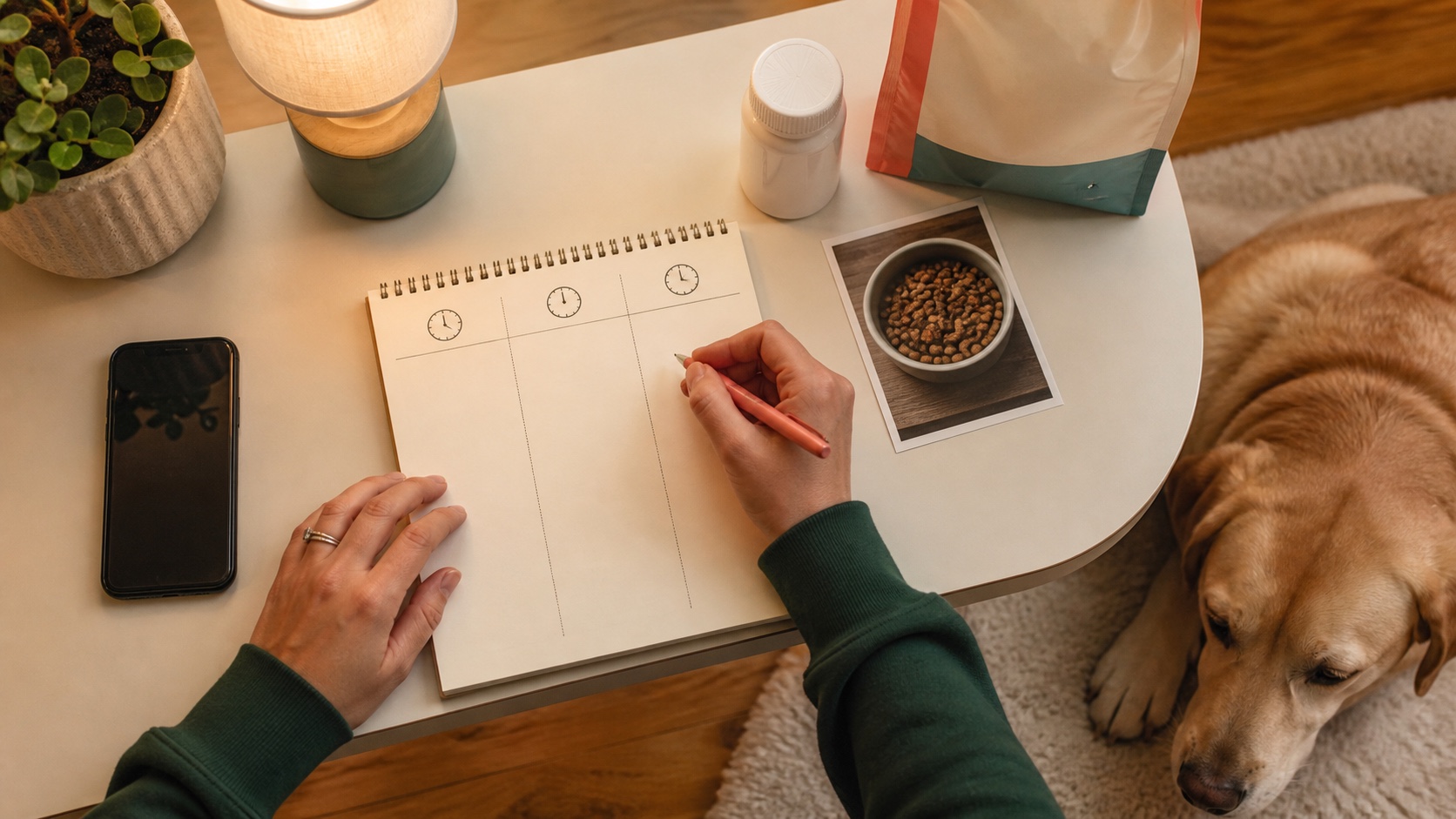 An overhead view of a dog owner organizing three timeline sections beside a phone, food package, medicine container, and calm dog.