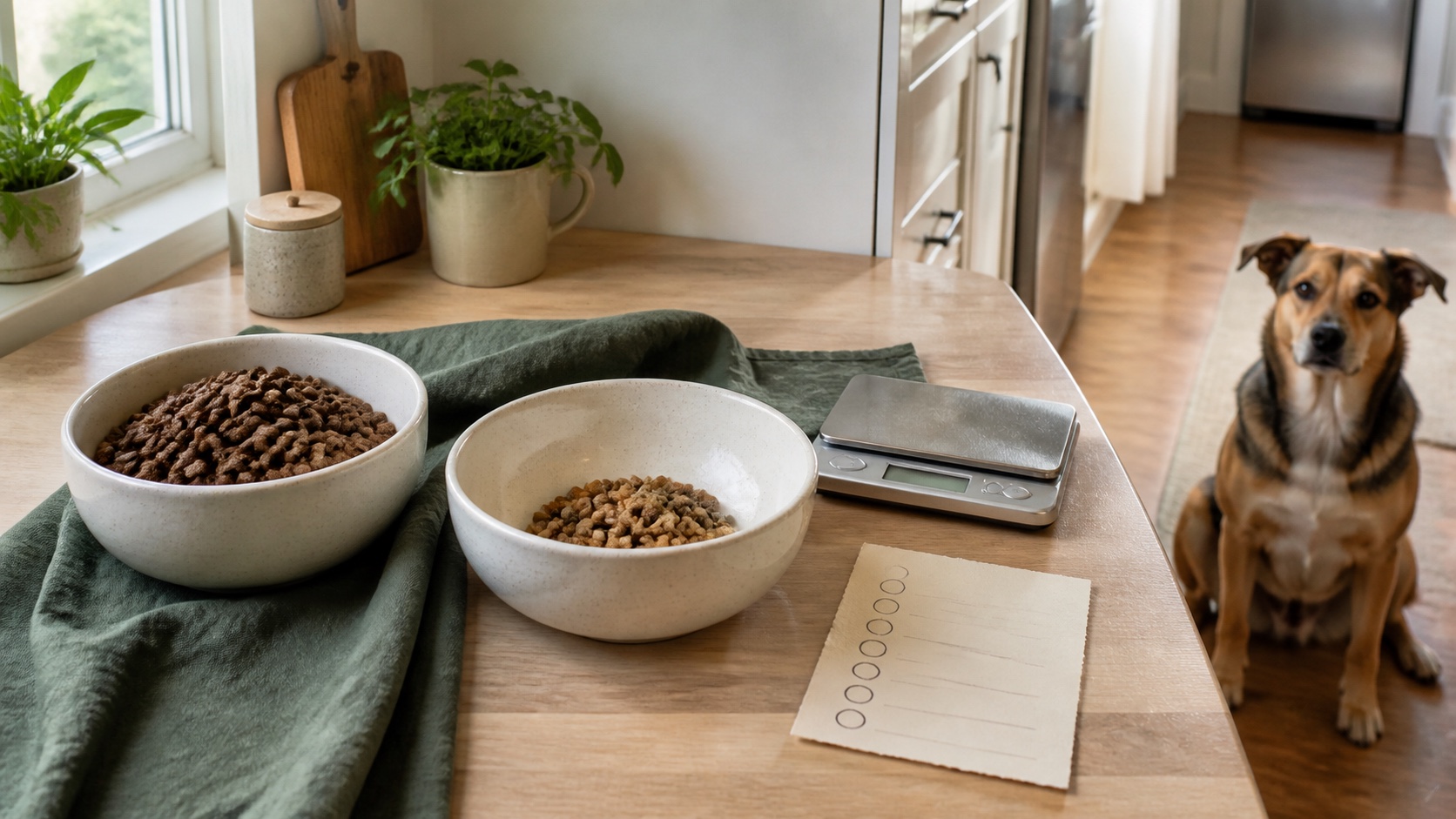 Two measured bowls of different kibbles, a kitchen scale, a transition card, and a calm adult dog waiting nearby.