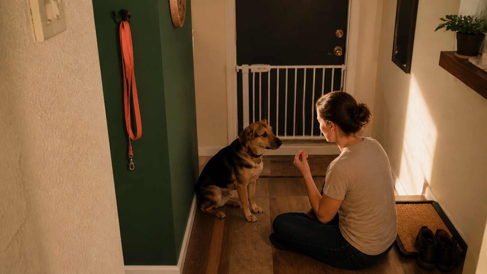 A person offers a treat to a calm dog near a baby gate, with a coral leash hanging in the apartment entry.