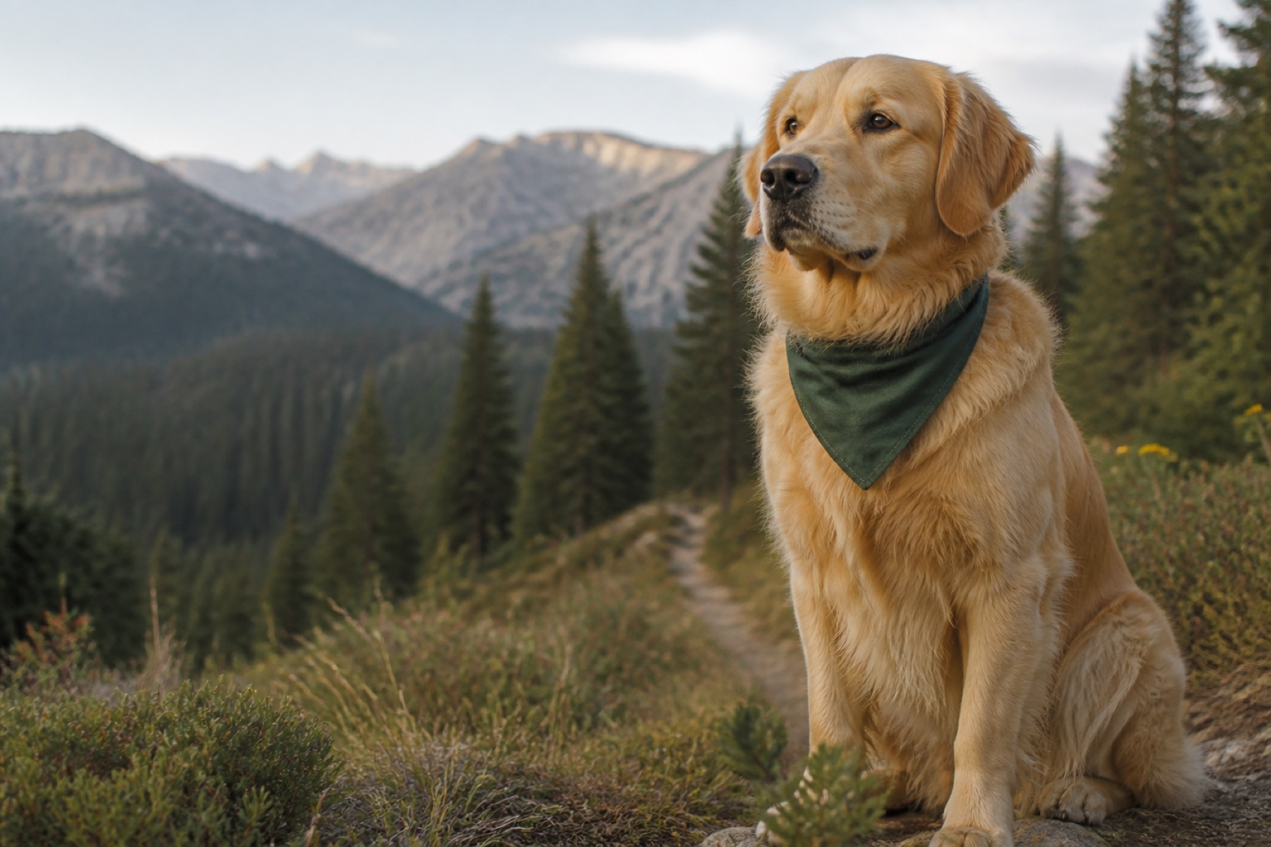 Golden retriever wearing a forest-green bandana on a quiet mountain trail